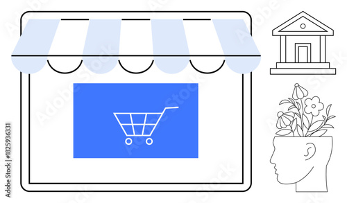 Online shopfront with striped awning and cart offering goods, financial institution, and human innovation. Ideal for shopping, finance, creativity, technology, online business, growth simple flat