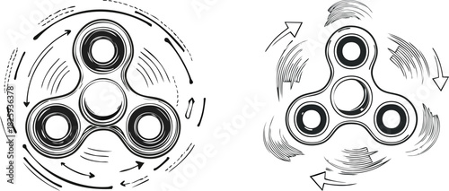 Spinning fidget spinner line art with motion arrows in playful monochrome minimalist toy illustration