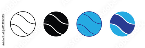 Collection of four stylized tennis ball icons showing different styles: outline, solid black, light blue, and dark blue with light blue accents.