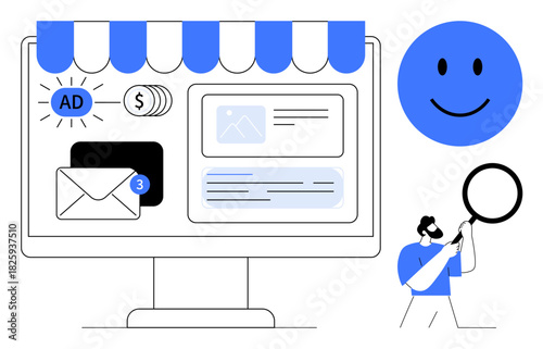 Online marketing theme. Online marketing integrates website design with tools thumbs up email notifications, ads, and customer engagement. Online marketing for businesses, e-commerce, SEO, branding