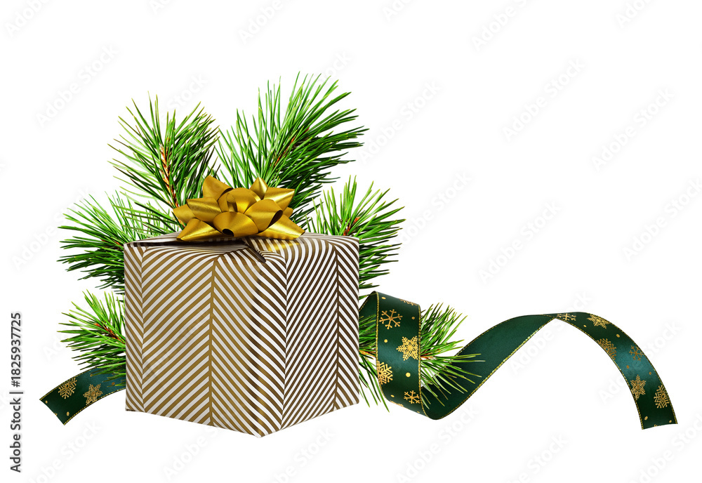 Fototapeta premium Wrapped in festive paper gift box with golden paper bow with Cristmas tree twigs and a holiday ribbon isolated on white or transparent background