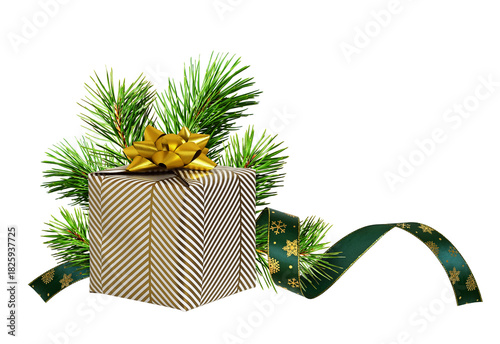 Wrapped in festive paper gift box with golden paper bow with Cristmas tree twigs and a holiday ribbon isolated on white or transparent background