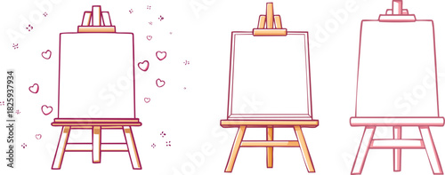 Pink wooden artist easel with blank canvas in clean minimal line art for creative presentation use