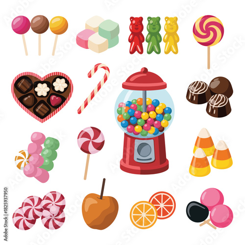 Set of Cartoon Candies Vector Illustration Showing Lollipop, Candy Cane, Bonbon, Marmalade Teddy Bear, Licorice, Candied Fruit, Gumball Machine, Candy Apple, and Caramel Presented