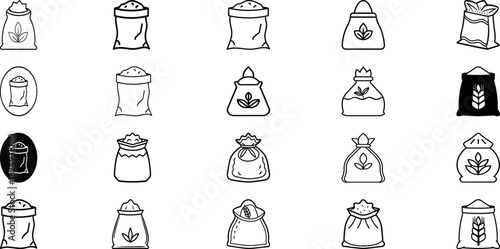 Flour and Grain Bag Icons Set, Wheat Cereal Sack Packaging Outline Vector Collection