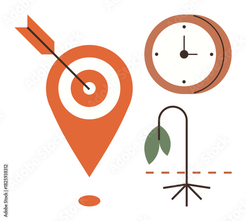 Arrow hitting the bullseye in a location pin, clock, and wilting plant portraying time, goals, and challenges. Ideal for productivity, deadlines, motivation, prioritization resilience planning