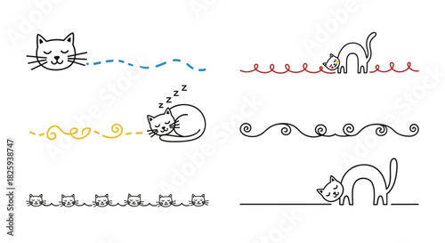 Playful cat-themed decorative text dividers with various cat illustrations