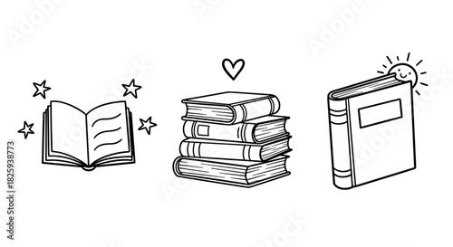Charming book-themed illustrations featuring an open book, stacked books, and a heart