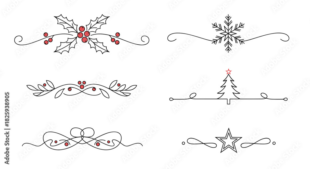 Naklejka premium Winter-themed decorative text dividers with holly, snowflakes, and Christmas elements