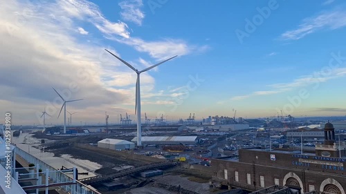 Tilbury united kingdom jan 10 2025 Industrial Harbour View With Wind Turbines Over London Cruise Terminal And Port