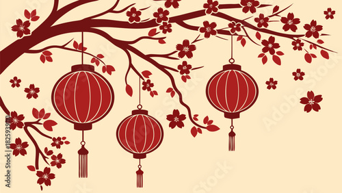 Red decorative setup featuring lanterns, blooming plum blossoms, and figurine, festive mood, detailed arrangement, bright colors, elegant holiday presentation.