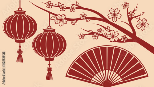 Red holiday decor scene with lanterns, plum blossoms, and figurine, vibrant festive elements, detailed composition, stylish cultural celebration theme.