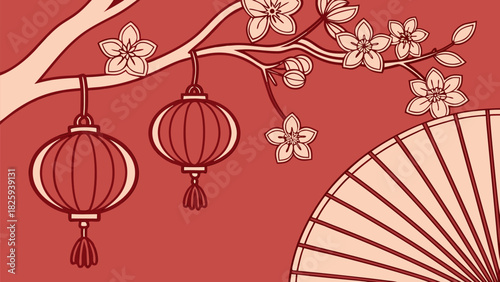 Red decorative composition featuring lanterns, plum blossoms, and figurine, bright festive mood, detailed design, elegant holiday ambiance, culturally inspired elements.