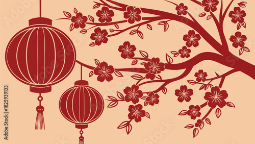 Decorative red setting with lanterns, flowering plum branches, and figurine, festive ambiance, detailed elements, elegant and vibrant celebration style.
