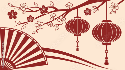 Red-themed festive composition featuring lanterns, plum blossoms, and figurine, detailed decorative setup, vibrant, elegant, culturally inspired celebration display.