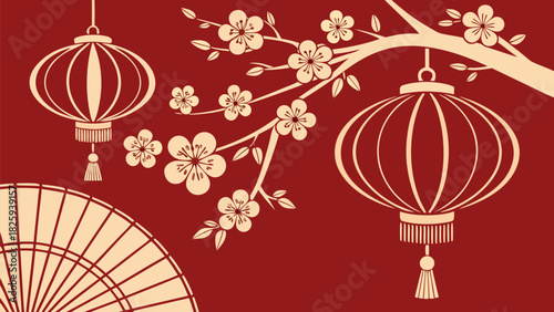 Decorative red festive scene with lanterns, plum blossoms, and figurine, vibrant colors, detailed elements, elegant holiday cultural theme.