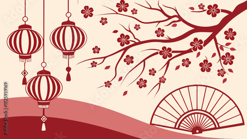 Red festive decoration with lanterns, blooming plum branches, and figurine, vibrant holiday atmosphere, detailed arrangement, elegant celebratory aesthetic.