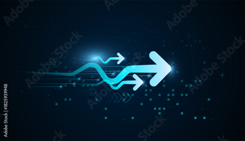 A high-tech moving forward arrows made of neon blue light represents digital transformation and strong upward trends. The sleek motion lines add energy and direction