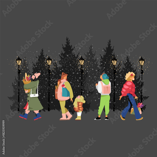 People are walking in the park. Vector isolated image of different people. Spruce trees. Snow. Burning lanterns.eps