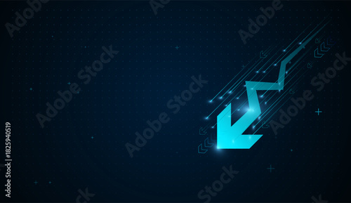 A glowing digital Futuristic red signal trend drop down arrow chart arrows, shooting down against a dark tech background, The futuristic blue lines and geometric elements