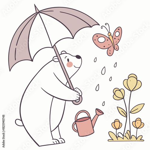 Delightful Bashful Polar bear in a Spring garden scene with under an umbrella – Spring Garden vector illustration