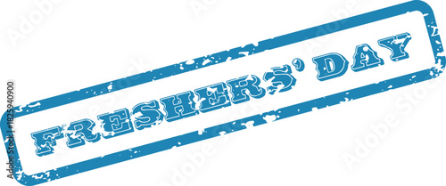 A blue distressed stamp of Freshers' Day for university or college events