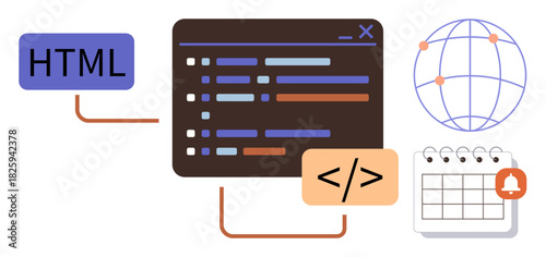 Programming codes on a screen, HTML label, calendar with notification, and globe connecting points. Ideal for coding, web programming, software, technology workflow, global networks scheduling