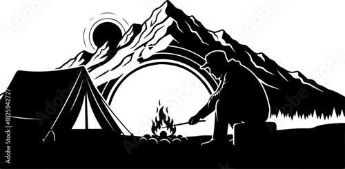 Mountain Camping Scene Silhouette – Camper, Tent, Campfire & Pine Forest