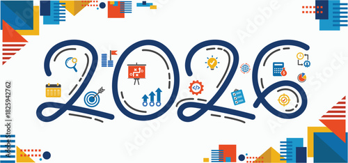 2026 new year goal plan action with target icons, Business plan, financial plan and strategies. Annual plan and development for achieving goal, achievement and success in 2026. Vector illustrator set.