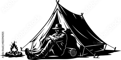 Mountain Camping Scene Silhouette – Camper, Tent, Campfire & Pine Forest