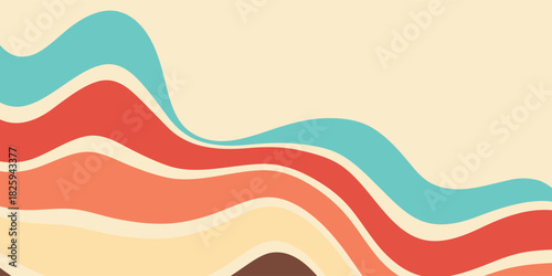 Abstract colorful 70s background vector. Vintage retro wallpaper with rainbow stripes and wavy lines. A 1970 color illustration suitable for posters, banners, decorative items and wall art.