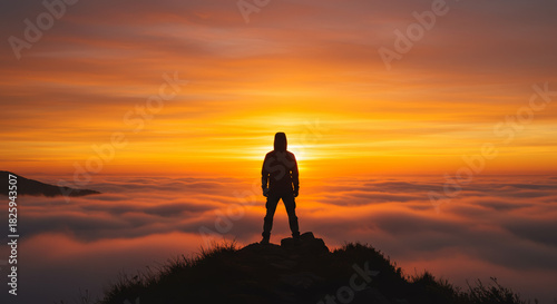 Conquering Heights Silhouette Against a Majestic Sunset Above the Clouds