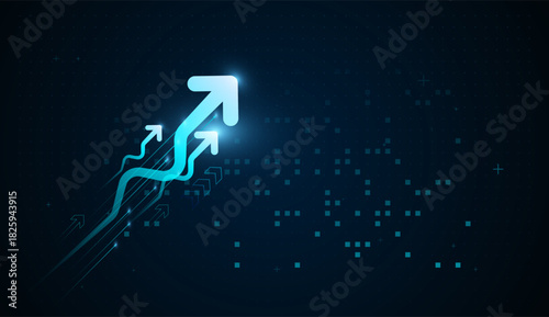 This digital-style upward arrow glows brightly as it rises, illustrating momentum, strategy, and technological progress. The upward movement Arrows the digital world.