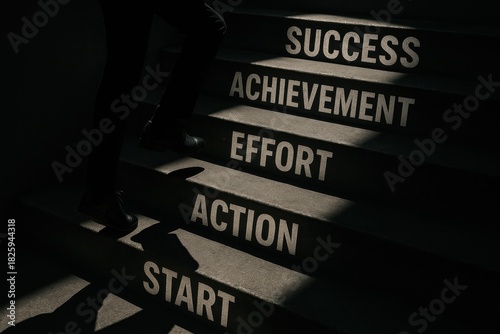 Business professional ascending stairs labeled with inspirational words, symbolizing the journey of success, achievement, and personal growth through determination and action.