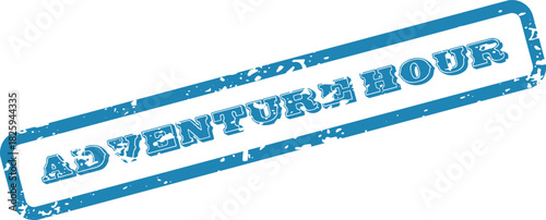 A vintage looking blue rubber stamp graphic of the words Adventure Hour