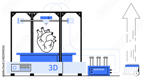 Advanced 3D printer creating a human heart model, accompanied by lab equipment, growth arrow, and a clock. Ideal for innovation, technology, healthcare, research progress future precision. Simple