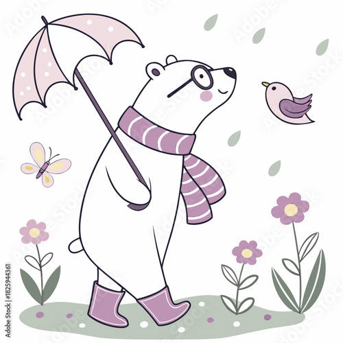Shy Polar bear with wearing glasses, set in a charming Spring theme – Blooming Renewal color vector art