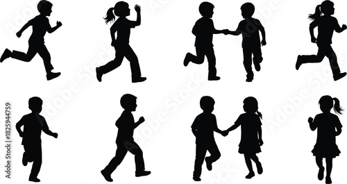 Silhouettes of children running and playing