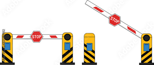 PrintAutomatic barrier gate system illustration, stop sign security checkpoint, entry control design for parking access, traffic safety infrastructure vector
