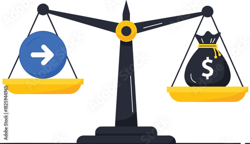 Balance scale comparing direction arrow and money bag, financial decision making concept, investment choice, cost analysis illustration for business strategy