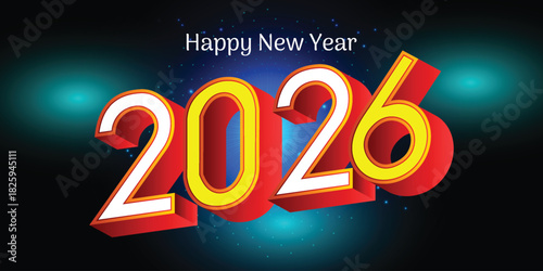 Bright 3d numbers 2026 with happy new year text on dark background