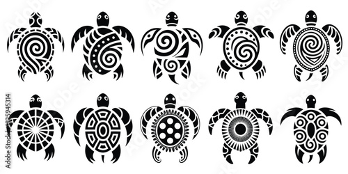 Tribal Turtle Tattoo Set Vector Illustration Featuring Ornate Maori-Inspired Designs, Black Reptile Motifs, Decorative Sacred Patterns, and Detailed Totem-Style Elements Created for Cultural Art Graph
