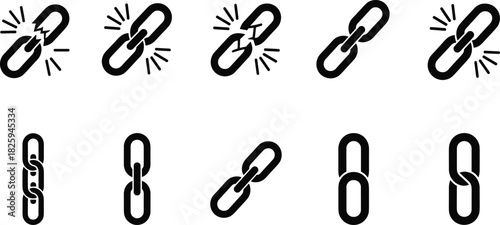Broken and linked chain icons illustrating strength, weakness, connection, disconnection, security failure, durability, repair, resilience, and bonding concept in vector style