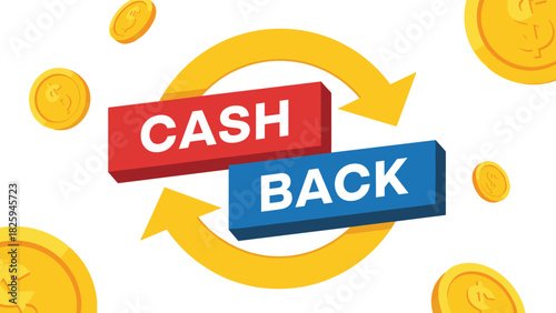 Cash back reward banner illustration with coins, savings return concept, financial bonus promotion design for marketing, advertising, offers, and discounts