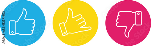 Colorful feedback icons showing thumbs up neutral and thumbs down hand gestures in modern circular design for rating review communication graphics, illustration