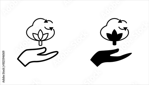 Eco Sustainability and Recycling Icon set. Outlined of a hand holding a plant with recycle arrows around it, symbolizing environmental sustainability, renewable resources, and ecological responsibili