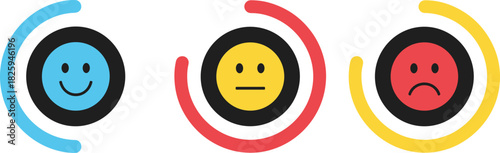 Colorful feedback rating icons with happy neutral and sad emoji faces showing customer satisfaction levels in modern circular design for reviews