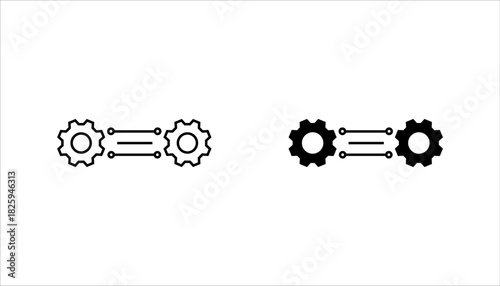 System Connection Icon set. – Linked Gears vector illustration, pictogram isolated on white background. color editable Black silhouette icon featuring two gears connected by lines, 