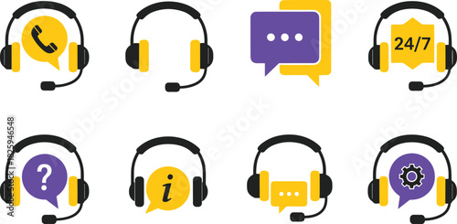 Customer support headset icons set, communication symbols, 24/7 service assistance, help desk chat, call center tools, online support illustration design