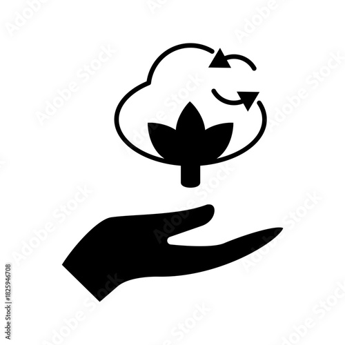 Eco Sustainability and Recycling Icon  Outlined icon of a hand holding a plant with recycle arrows around it, symbolizing environmental sustainability, renewable resources, and ecological responsibili